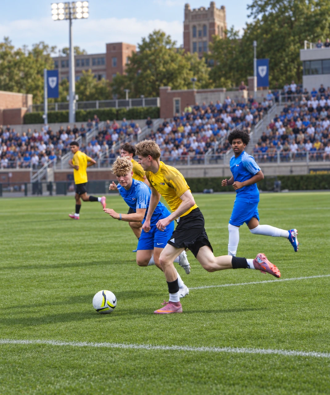 A college soccer match in front of a full stand